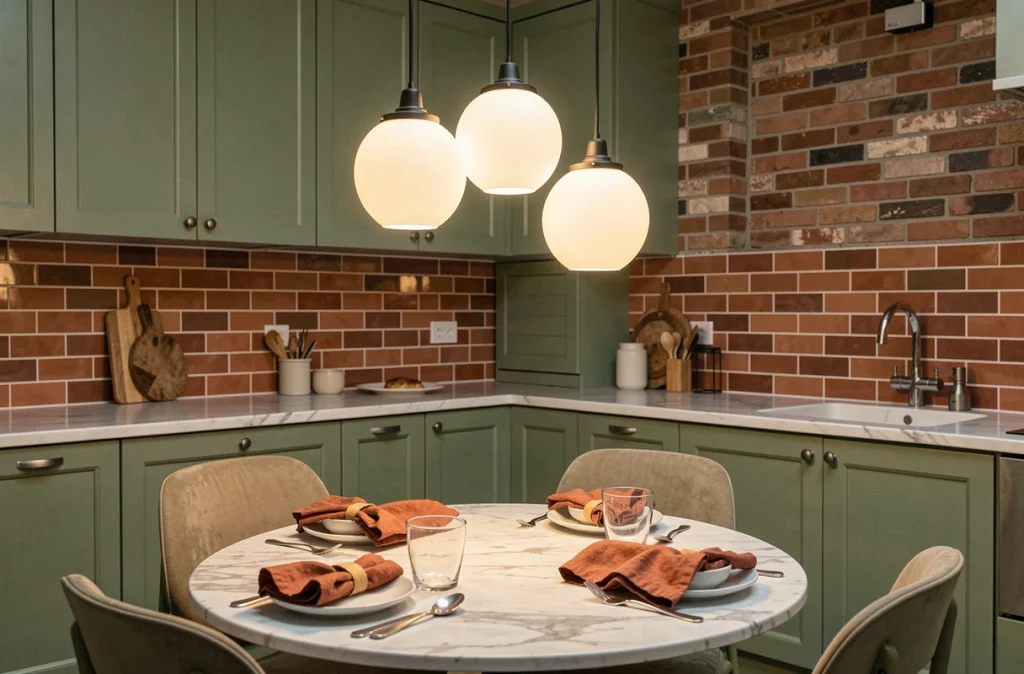 Salle à manger avec suspension en verre dépoli et éclairage indirect au-dessus d'une table en marbre dans une cuisine aux tons chauds