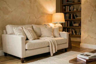 Coin salon cosy avec lampe de table ambre et canapé en lin crème illustrant l'éclairage indirect dans un intérieur scandinave