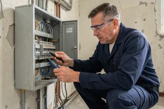 Électricien professionnel inspectant un tableau électrique vétuste dans un appartement avant emménagement