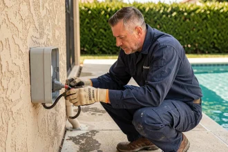 Électricien professionnel installant une prise étanche pour l'éclairage de piscine sur une terrasse en béton