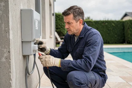 Électricien inspectant un parafoudre sur le tableau électrique extérieur d'une piscine résidentielle