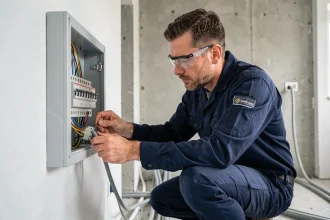 Électricien professionnel raccordant des câbles dans un tableau électrique d'un logement neuf