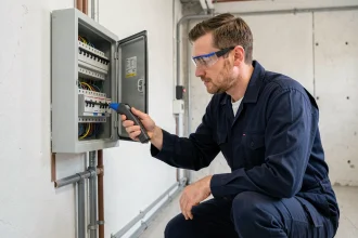 Électricien professionnel inspectant un tableau électrique dans un appartement rénové