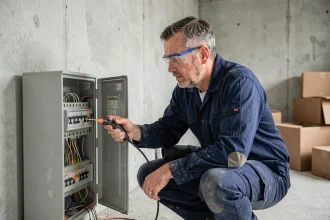 Électricien inspectant un tableau électrique dans un appartement vide avant un déménagement