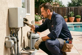 Électricien professionnel inspectant un tableau électrique étanche installé près d'une piscine résidentielle en extérieur