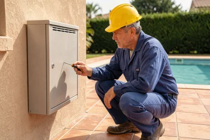 Électricien inspectant un tableau électrique étanche installé près d'une piscine privée extérieure
