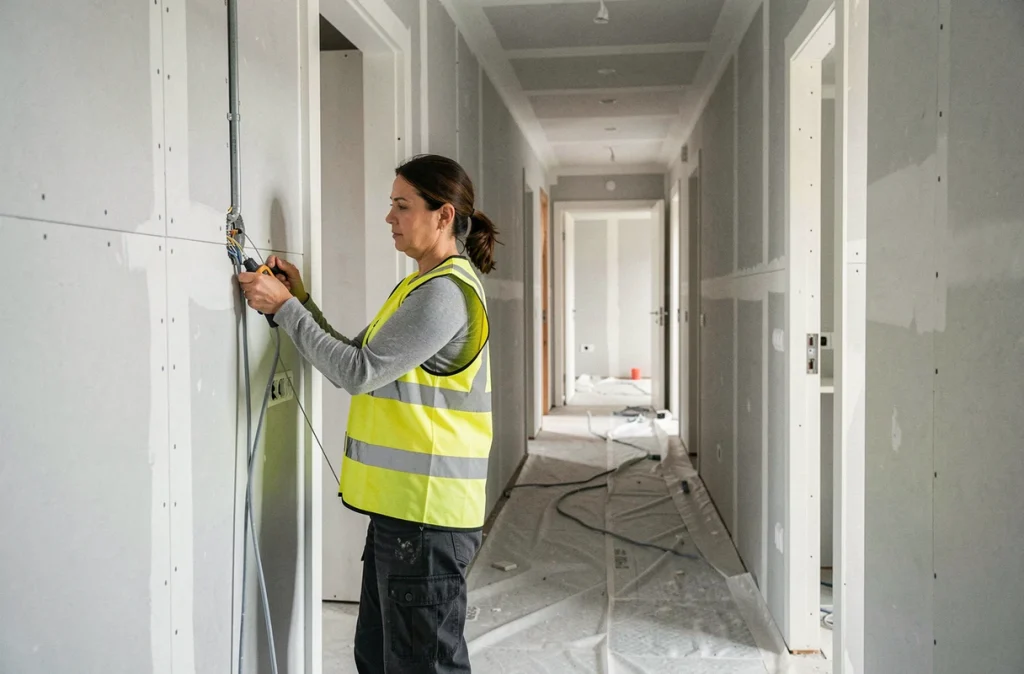 Électricienne tirant un câble dans une gaine murale lors du raccordement électrique d'un appartement neuf