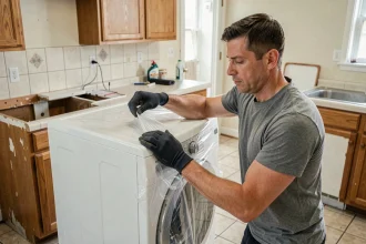 Homme emballant une machine à laver avec du film plastique avant un déménagement dans une cuisine