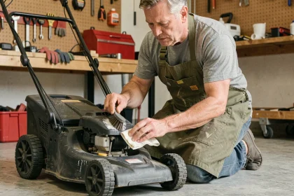 Homme d'âge mûr entretenant le dessous d'une tondeuse électrique dans un garage, nettoyant les lames avec une brosse, ambiance atelier bricolage réaliste