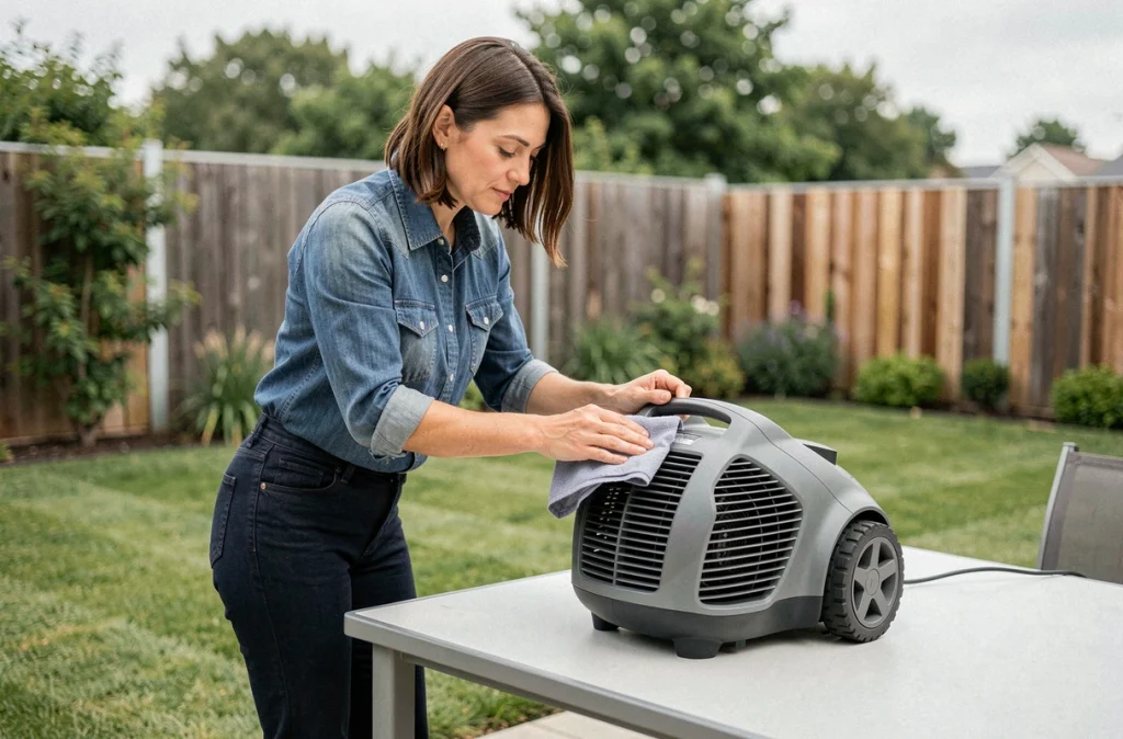 Femme entretenant les grilles de ventilation d'une tondeuse électrique sans fil sur une table de jardin, essuyage soigneux avec un chiffon microfibre dans un jardin résidentiel