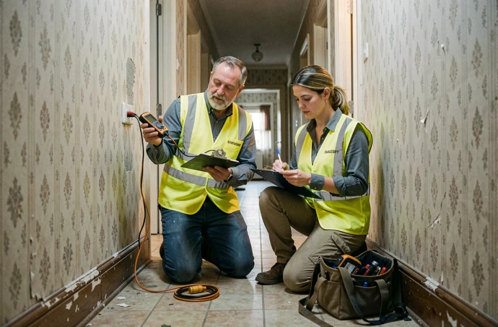 Deux électriciens réalisant un audit électrique complet dans le couloir d'une maison ancienne