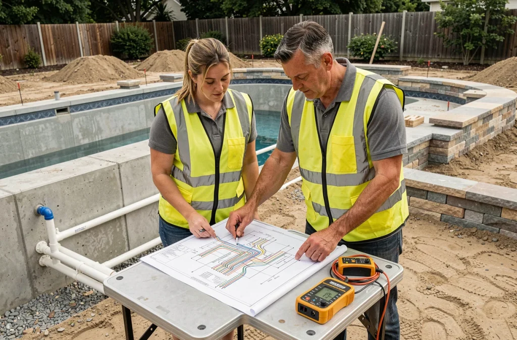 Deux électriciens consultant un schéma de câblage électrique lors de l'installation d'une piscine en construction
