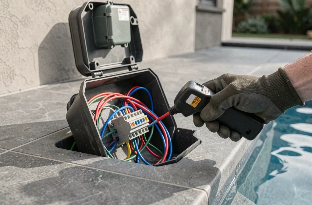 Gros plan sur une erreur de câblage dans le boîtier électrique d'une pompe de piscine détectée avec un testeur de tension