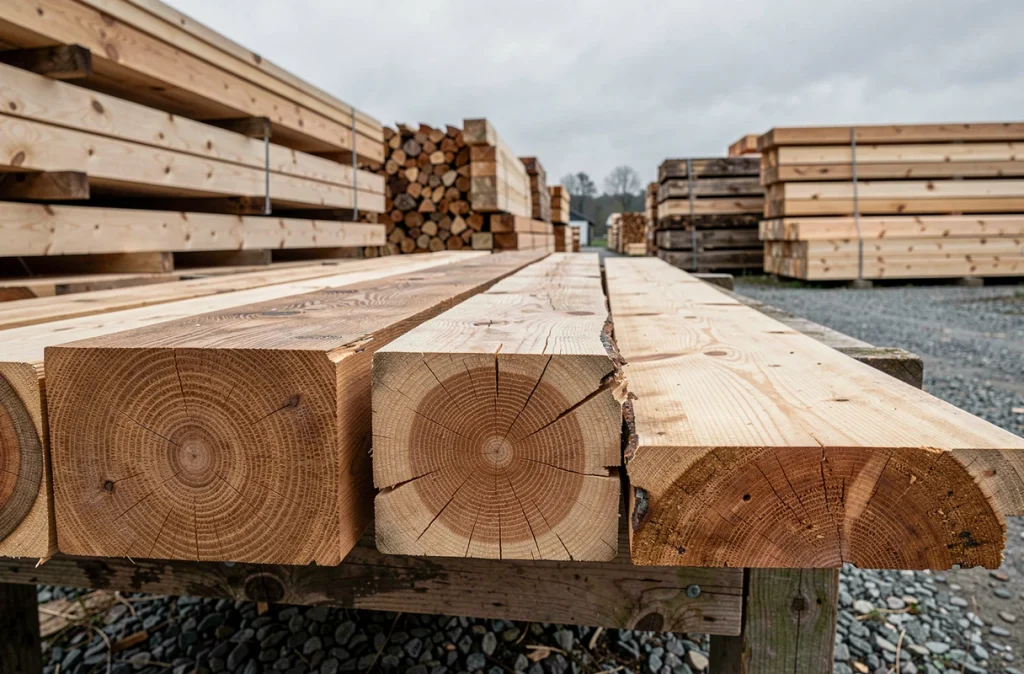 Comparaison de différentes essences de bois pour volets — chêne, mélèze et douglas — dans un chantier de scierie rurale