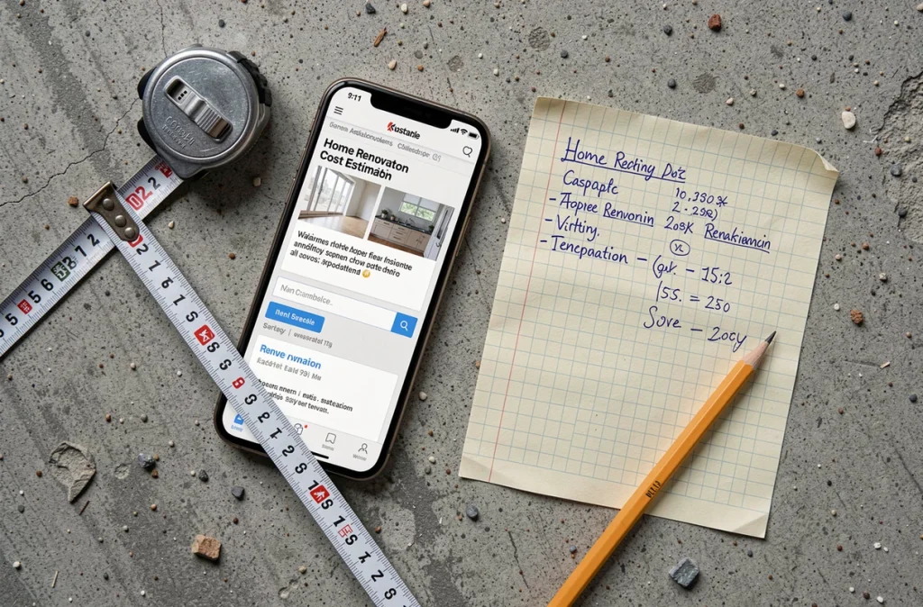 Vue de dessus d'un smartphone affichant une estimation de rénovation à côté d'un devis manuscrit et d'un mètre ruban sur béton