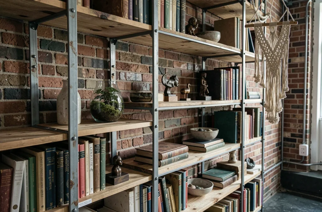 Grande étagère industrielle ouverte avec objets décoratifs vintage dans un bureau à domicile