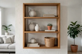 Étagères ouvertes en bois avec objets décoratifs céramiques et plantes dans un salon contemporain
