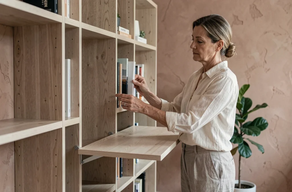 Femme réorganisant une bibliothèque modulable en bois clair dans un bureau à domicile épuré