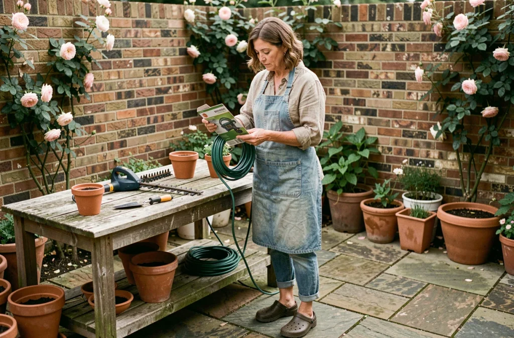 Femme lisant l'étiquette d'une rallonge électrique adaptée aux outils de jardin sur une terrasse en pierre
