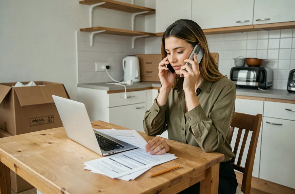 Femme gérant la résiliation de contrat électrique par téléphone lors d'un déménagement