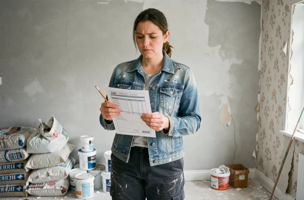 Femme comparant un devis de rénovation imprimé dans un salon en cours de réfection avec matériaux visibles