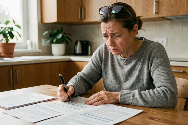 Femme examinant des documents d'assurance habitation à sa table de cuisine, stylo en main, air préoccupé face aux clauses du contrat