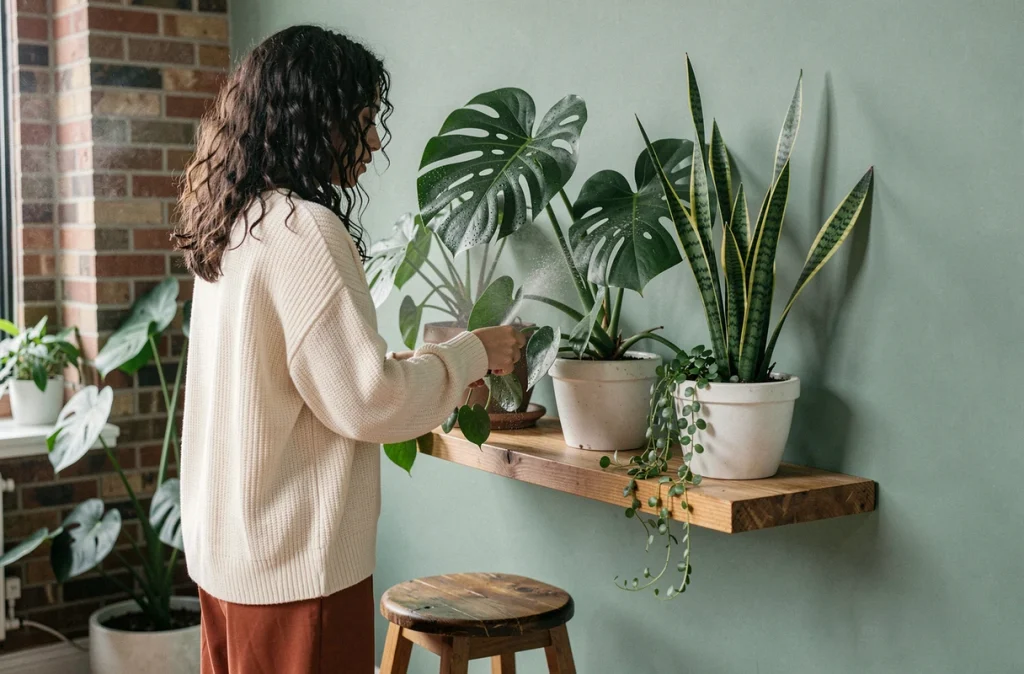 Jeune femme arrosant des plantes tropicales sur une étagère murale en bois dans un appartement urbain cosy