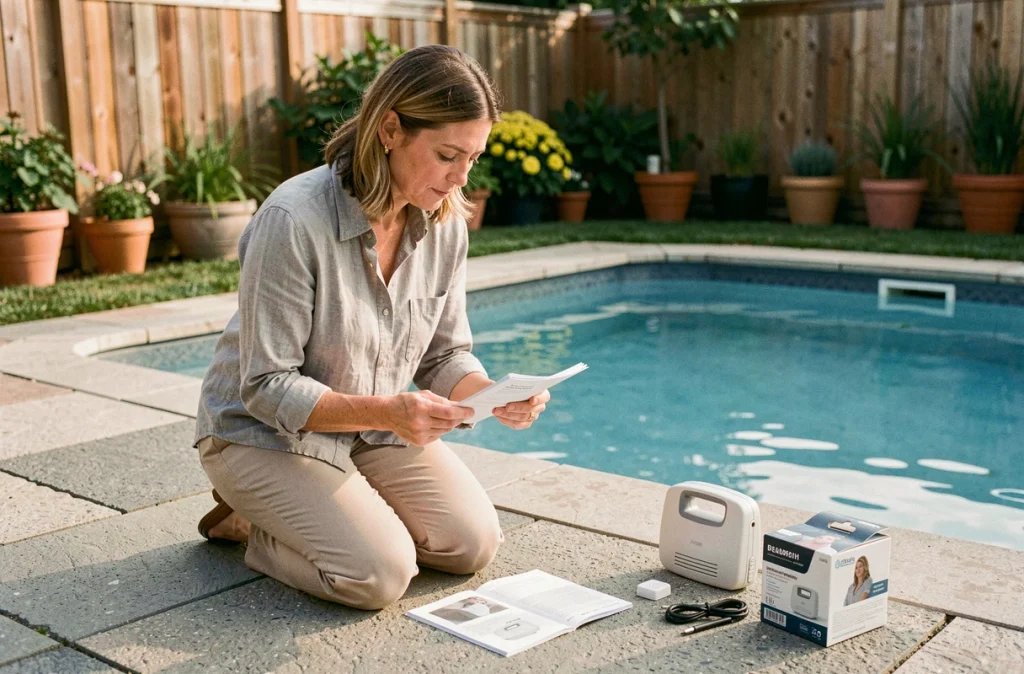 Femme consultant la notice d'installation d'une alarme de piscine immergée dans un jardin résidentiel