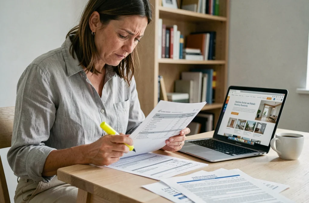 Femme lisant attentivement un devis de travaux à domicile avant de le signer