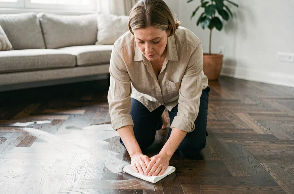 Femme appliquant un produit nettoyant sur un parquet en point de Hongrie noirci dans un salon moderne