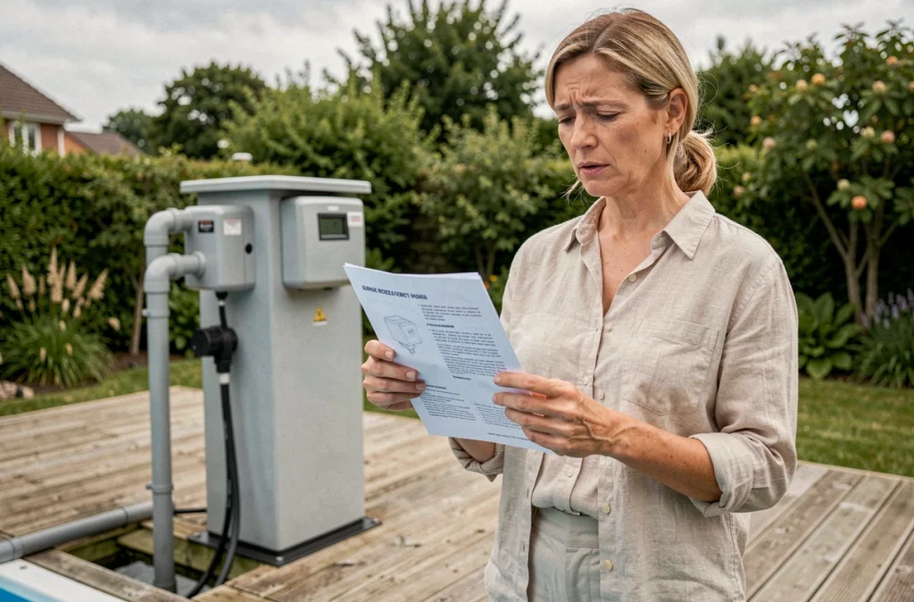 Femme consultant une notice de parafoudre pour équipement de piscine sur une terrasse en bois