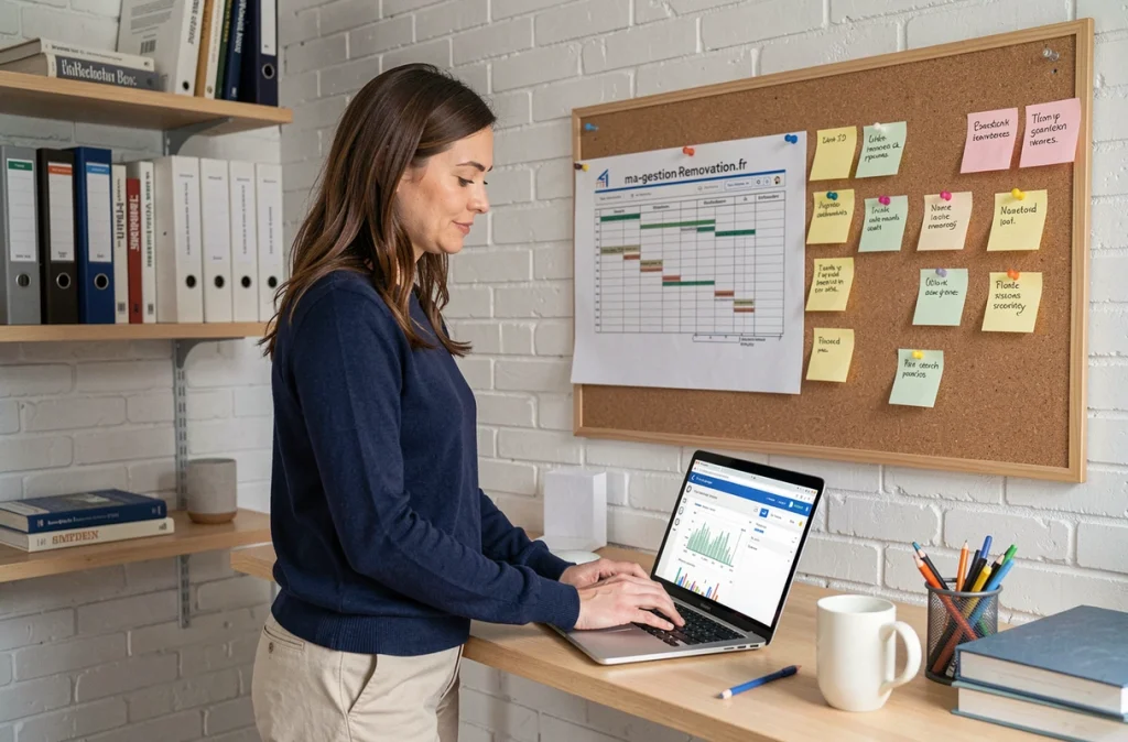 Femme consultant un outil de planning travaux PDF en ligne depuis son bureau à domicile avec un tableau de suivi affiché