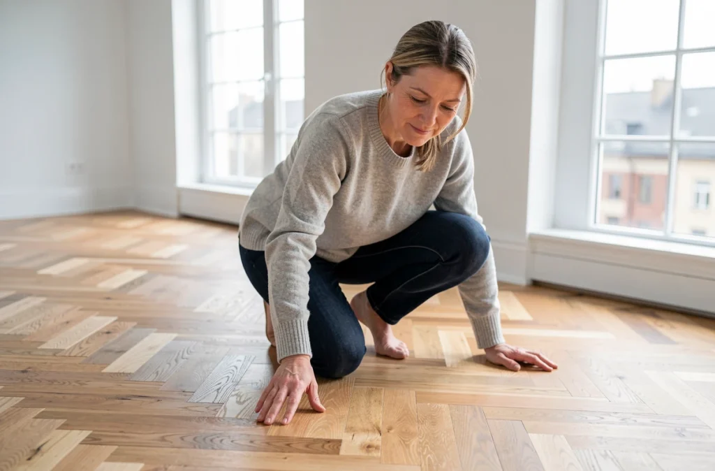 Femme examinant un parquet en chevrons nouvellement installé dans un appartement rénové lumineux