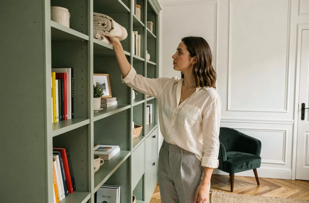 Jeune femme rangeant des livres sur une étagère intégrée dans un petit salon parisien décoré avec soin