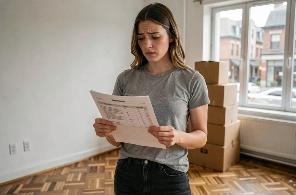 Femme lisant un rapport de diagnostic électrique dans un appartement vide avant emménagement