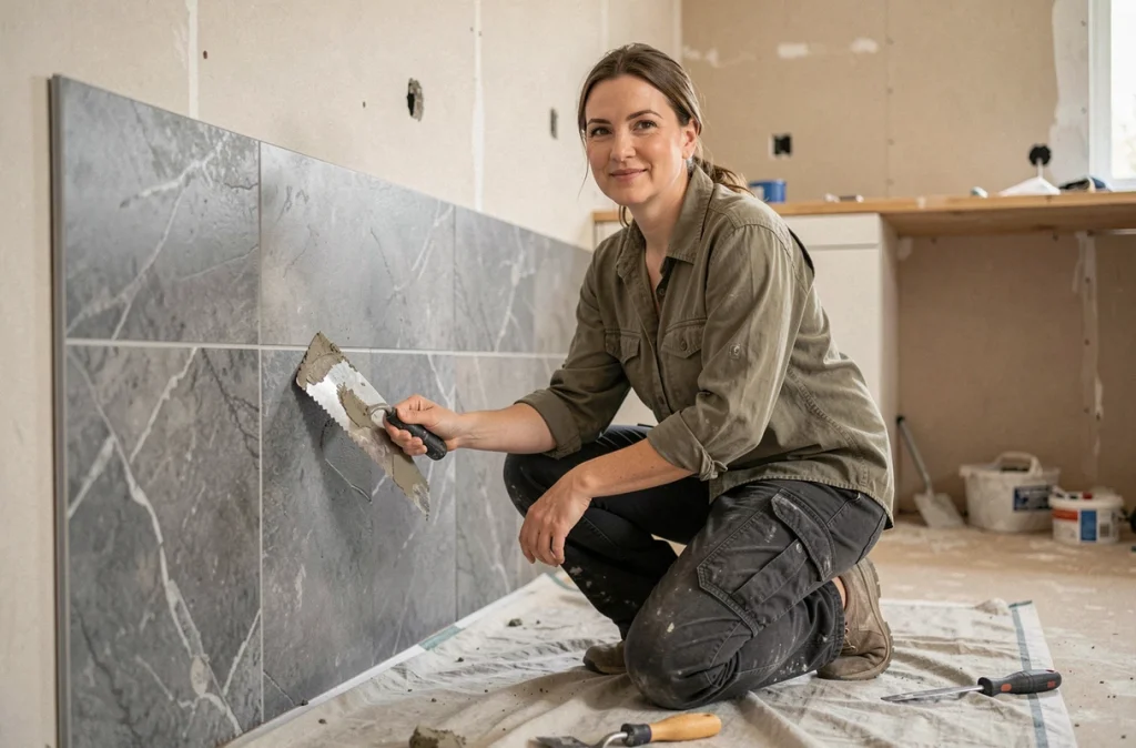 Femme appliquant de la colle carrelage au peigne dentelé sur un mur de cuisine en cours de rénovation