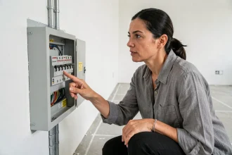 Femme examinant un tableau électrique dans un appartement en cours de rénovation pour anticiper les besoins en circuits