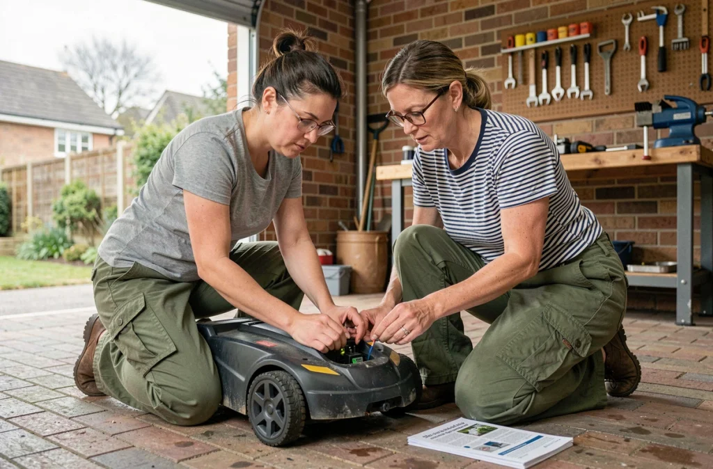 Femme inspectant les contacts de recharge de son robot tondeuse en sécurité dans un garage