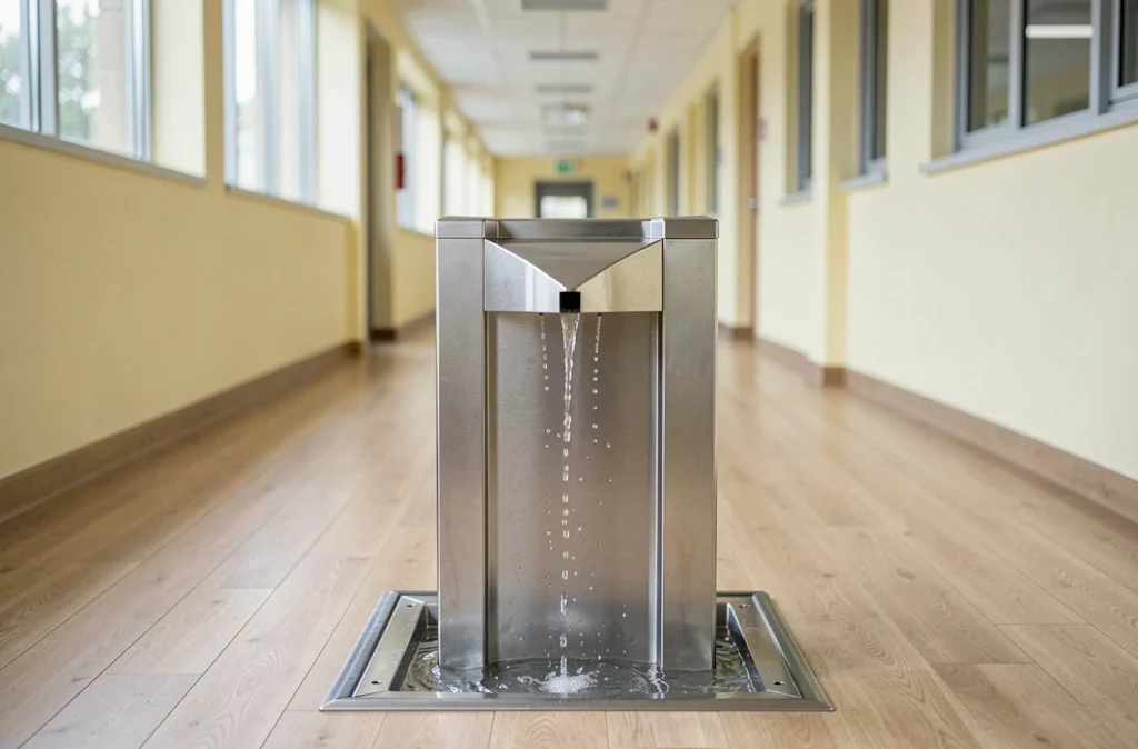 Fontaine électrique autonome en inox installée dans un couloir d'école, vue de face