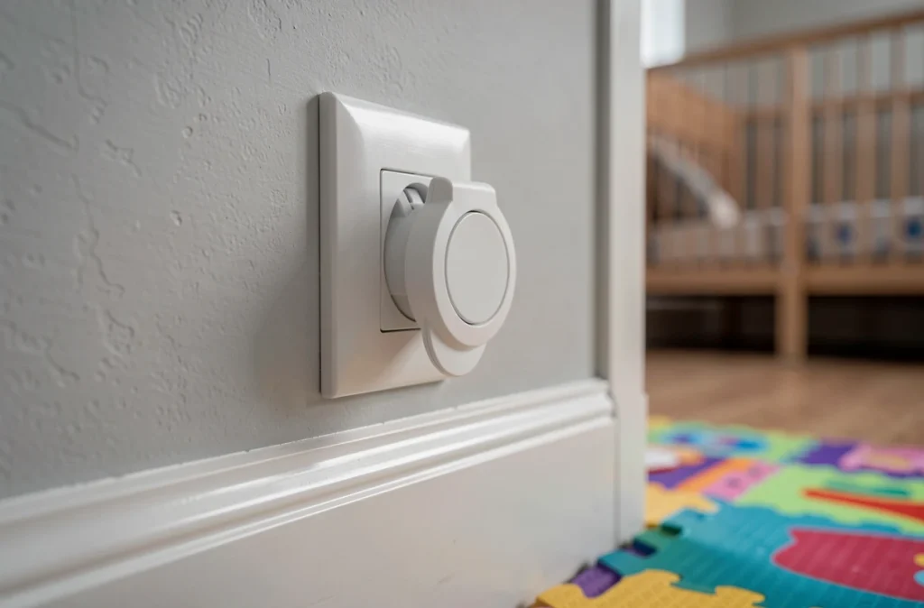 Gros plan sur un cache-prise de sécurité pour enfant inséré dans une prise murale blanche