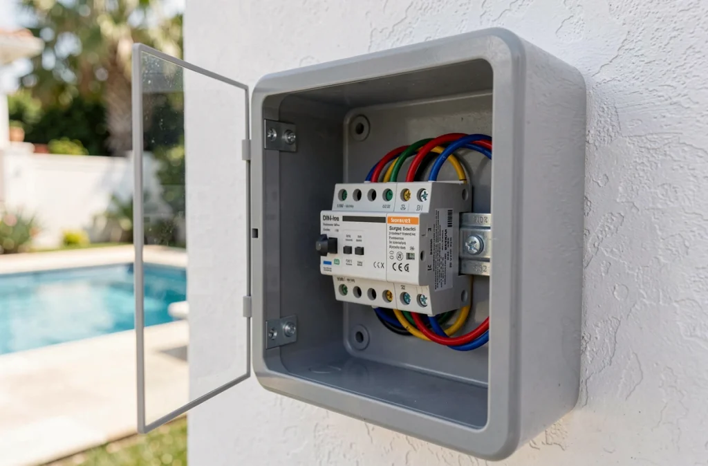 Gros plan sur un dispositif de protection contre les surtensions installé dans un coffret électrique extérieur de piscine