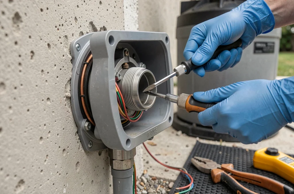 Gros plan sur une prise électrique étanche IP68 en cours d'installation pour l'éclairage d'une piscine