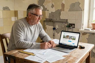 Homme consultant une estimation de rénovation en ligne avec des devis papier sur une table de cuisine en travaux