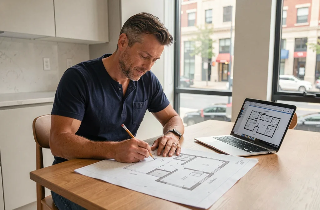 Homme planifiant l'installation électrique d'un nouvel appartement avec un plan au sol sur papier millimétré
