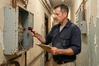 Électricien inspectant un tableau électrique ancien avec fusibles céramiques dans un logement vétuste