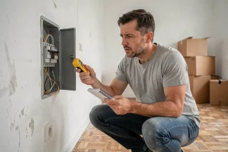 Homme inspectant un tableau électrique dans un appartement vide avec un testeur de tension