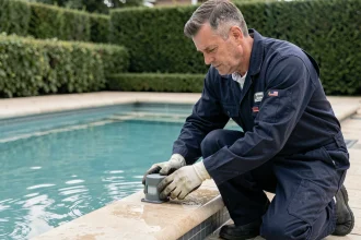 Technicien installant un capteur d'alarme immergée sur le bord d'une piscine résidentielle extérieure
