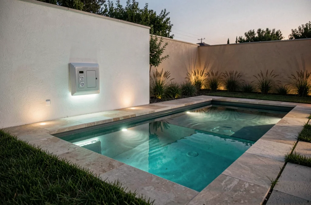 Vue d'ensemble d'une installation électrique étanche terminée près d'une piscine avec éclairage subaquatique fonctionnel