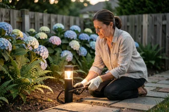 Femme installant un éclairage basse tension le long d'une allée de jardin en pierres le soir