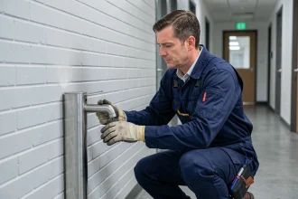 Plombier installant une fontaine électrique murale dans un couloir de bureau moderne